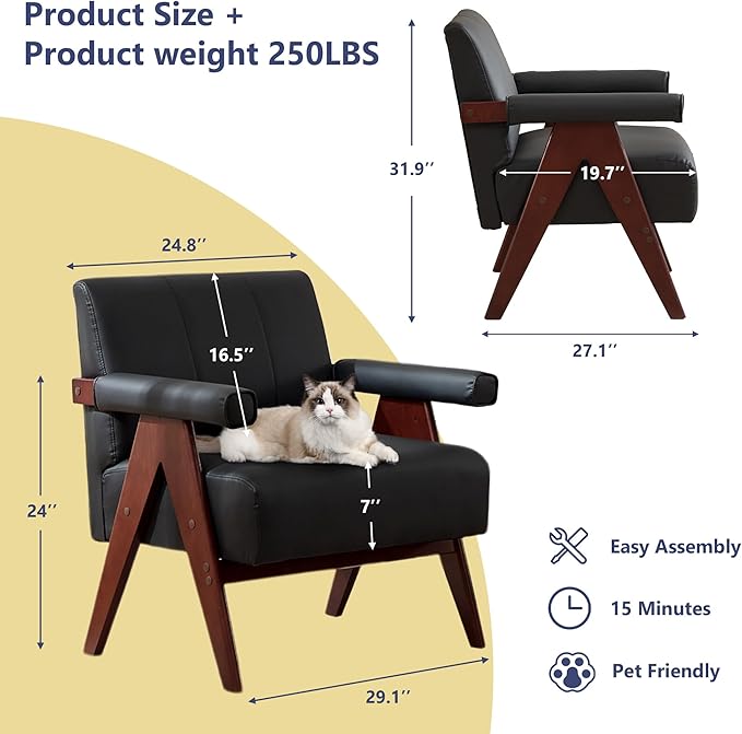 AODAILIHB Black Leather Accent ChairMid Century Modern Accent Chair Solid Wood Frame Black Leather Armchair Modern Reading &amp Living Room Chair for Office Guest &amp Waiting Room