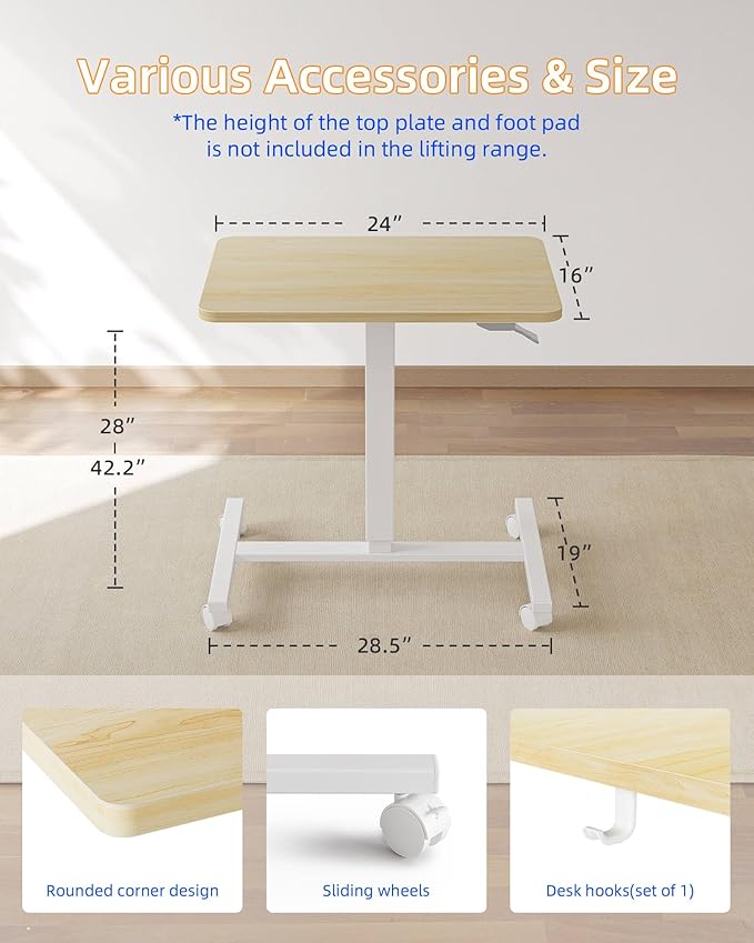 YIHAYO Mobile Small Standing Desk 24 x 16 Inches Adjustable Height Portable Rolling Laptop Desk with Lockable Wheels Computer Workstation for Home Office with Hook Natural