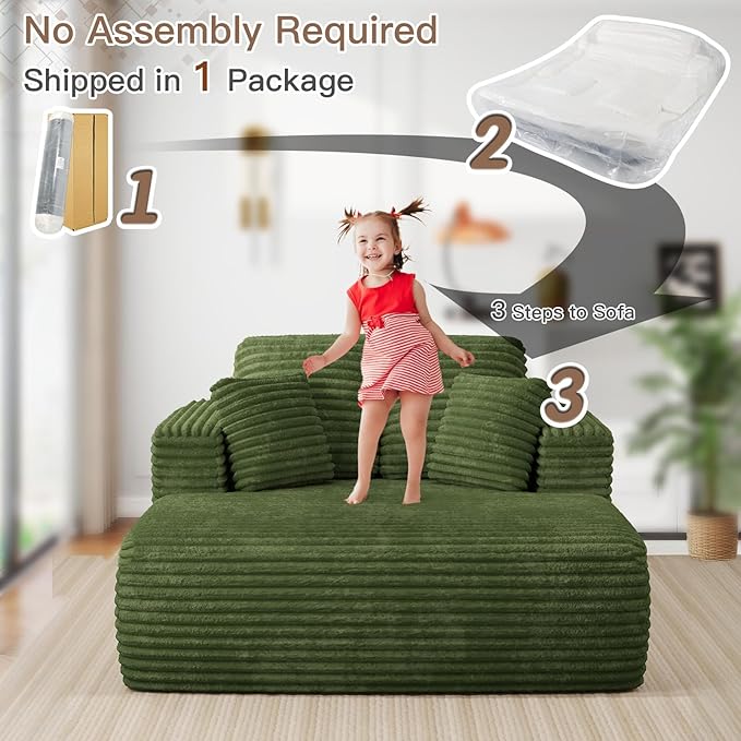 56 Oversized Chaise Lounge Chair IndoorPlush Corduroy Sleeper Sofa Couch Bed with Pillows&ampWide ArmrestsFluffy Comfy Cloud CouchCompression Foam Couch for Living RoomBedroom(Green)