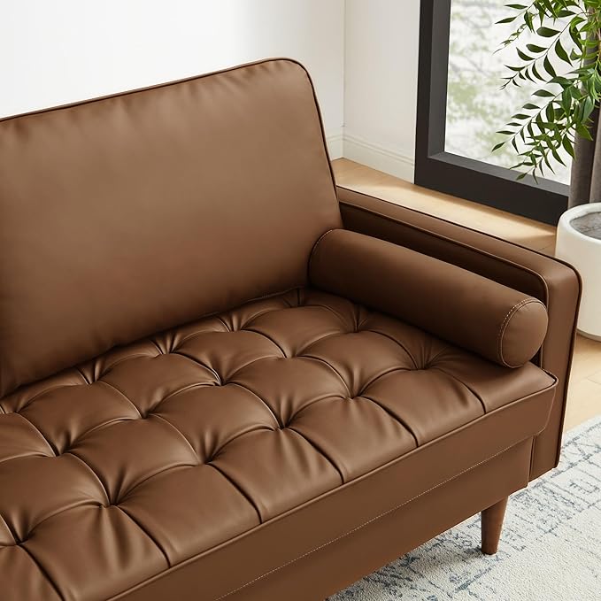 Modway Valour 73 Inch Faux Leather Sofa in Brown – Upholstered Sofa with Tufted Seat - 3-Seater Leather Couch with Cozy Wide Seats - Mid-Century Modern Couch for Living Room