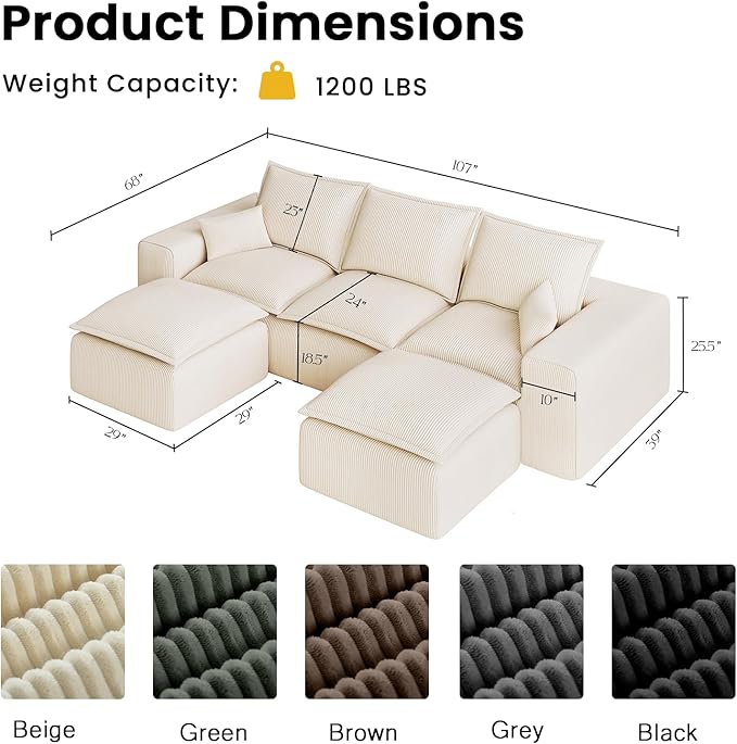 107 Cloud U-Shaped Modular Sectional Sofa for Living Room with Ottoman No Assembly Required Deep Seat Couch in Two Box.