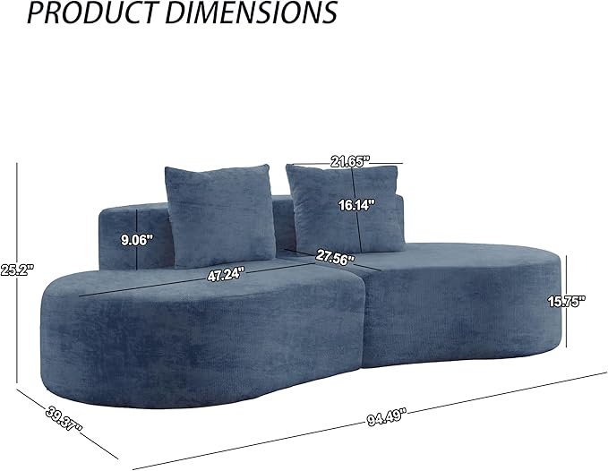 94.5'' Curved Sofa Chenille Fabric &amp Memory Foam Deep Seat Cloud Couch with 2 Pillows Modern 4-Seater Sectional Sofa No Assembly Needed - Boneless Couches for Living Room Apartment (Blue)