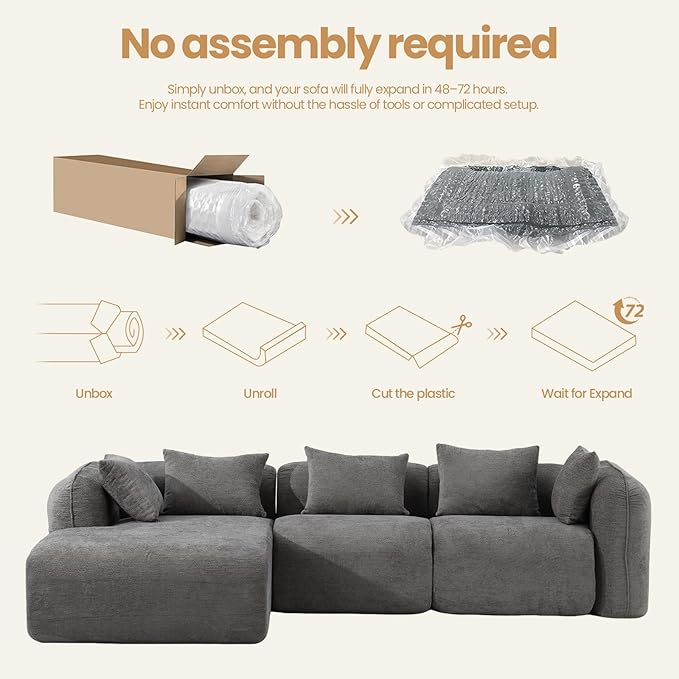 117’’ Chenille Fabric Boneless Couches for Living RoomModular Sectional Cloud Sofa |Fluffy Chenille Deep Seat No-Assembly Memory Foam Comfy Cloud Couch with L-Shaped Chaise (Grey)