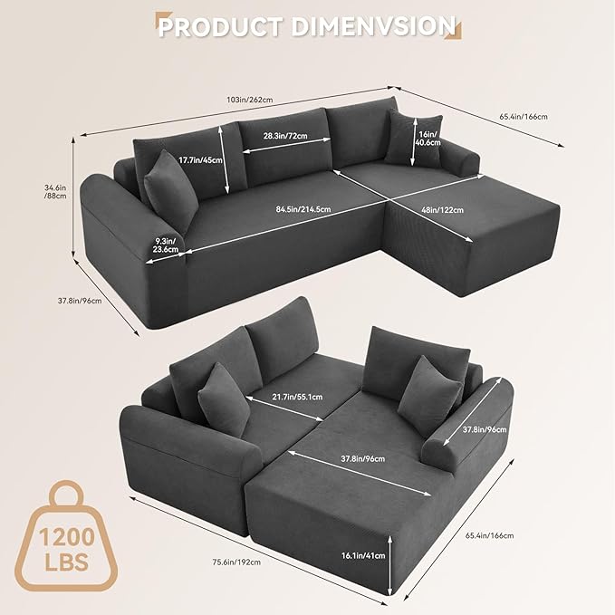 103 Modular Sectional Sofa with Chaise Cloud Sectional Couch with Deep Seat Modular L-Shape Sofa Corduroy Boneless Couch for Living RoomBedroomNo Assembly Required(Dgray Right Facing Chaise)
