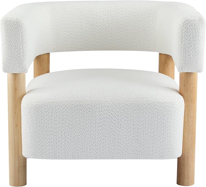 Christopher Knight Home Carly Low Profile Accent Chair Round Backrest Side Chair Living Room Armchair with Boucle Fabric Cushion Comfy Reading Chair for Bedroom Wooden Single Lounge Sofa White