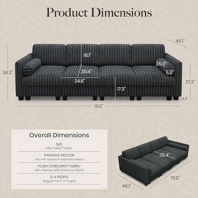 Belffin Plush Corduroy Modular Cloud Sofa Bed with Deep Seat Sectional Cloud Couches for Living Room. Grey Couch