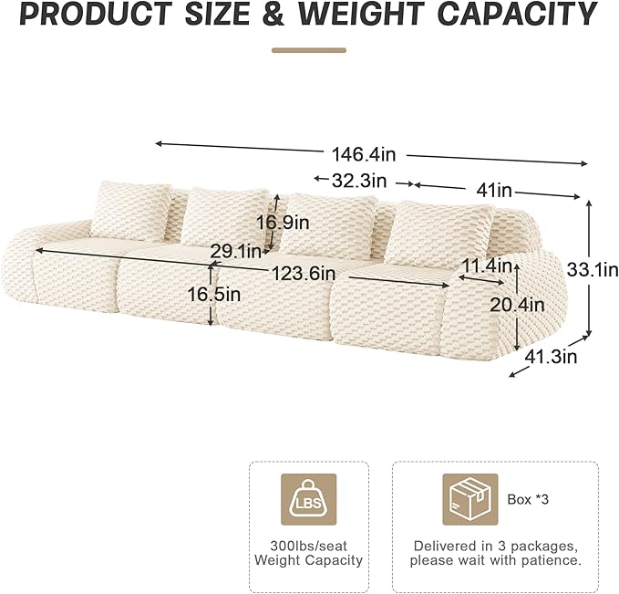 Cloud Sectional Couches for Living Room Boneless Couch Modular Sectional Sofa Modern Deep Seat Sofa with Pillows 4 Seater Comfy Floor Couch for Bedroom No Assembly RequiredWhite