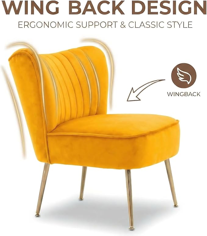 DUOMAY Modern Accent Chair Set of 2 Velvet Slipper Chair with Gold Legs Wingback Side Chair for Living Room Bedroom Entryway Small Corner Chair for Space Saving Yellow