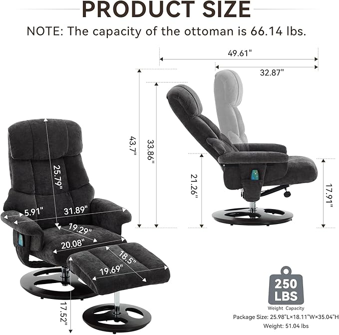 Ergonomic Recliner Chair with Ottoman for Adults 360° Swivel Massage Lounge Chair with 5-Point Vibration &amp Heated Seat140° Adjustable Chenille Recliner for Living Room Office (Dark Gray+Chenille