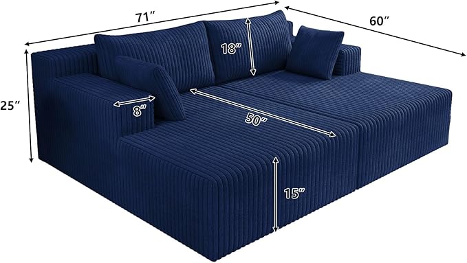 71 W Double Chaise Lounges Indoor Boneless Sectional Sofa Bed with Pillows Modern Sleeper Loveseat Chair Boneless Cloud Couch for Living Room Bedroom Reading