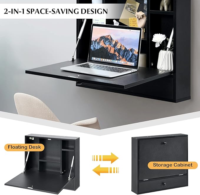COSTWAY Wall-Mounted Computer Desk Floating Desk with Storage Drawer &amp Shelves Fold-up Desktop &amp Pneumatic Springs Ideal for Home Office Dormitory Small Spaces (Black)