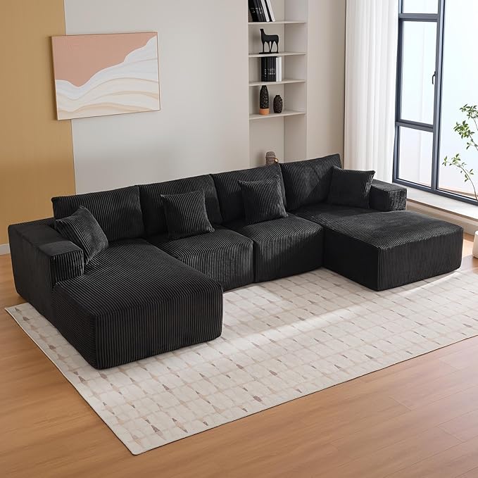 137 Sectional Cloud Couch Modular Modern U-Shaped Sofa with Chaise Lounge Corduroy Fabric No Assembly Required Convertible Compression Sleeper Sofa for Living Room Apartment Bedroom