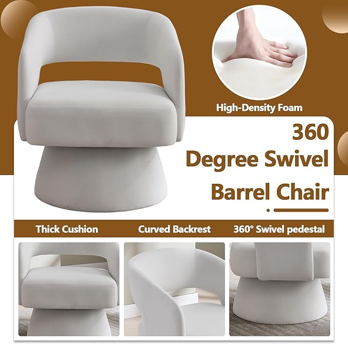 Swivel Accent Chair with Arms for Living Room Swivel Barrel Chairs with Backet for Small Space Velvet Round Chair for Bedroom (White)