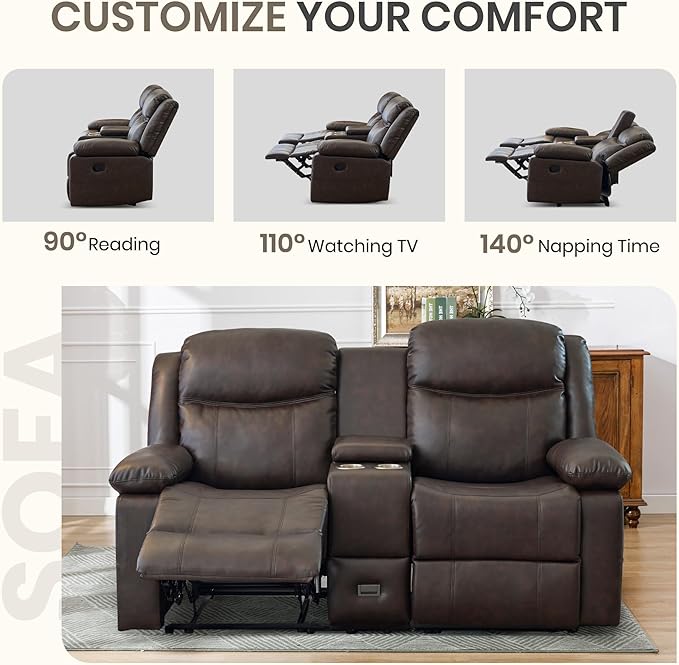 Manual Reclining Loveseat with Massage and Heat Double Recliner Sofa with Center Console Cup Holders &amp Storage for Living Room RV (Brown)