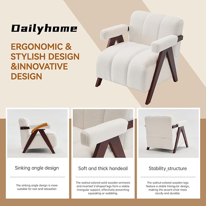 Accent Chairs Set of 2 Mid-Century Modern with Wide Backrest for Bedroom Upholstered Living Room Chair with Wooden Lounge Armchair with Thick Cushion Cute Teddy Comfy Chair Ivory
