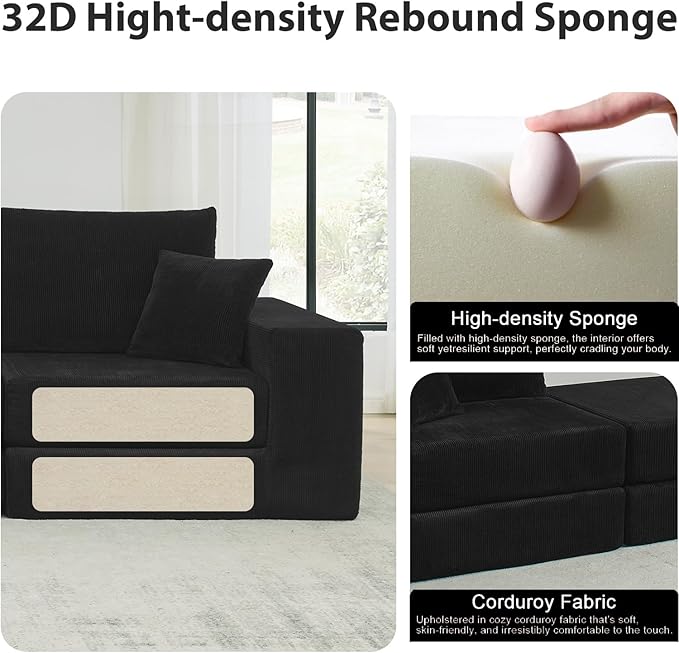 80 Inches Modular Sectional Loveseat Sofa Cloud Boneless Couch with Non-Slip Base Modern Sleeper Sofa Bed for Living Room Small Spaces No Assembly Required Corduroy (Black)