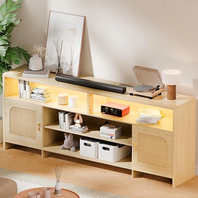 Fluted TV Stands for Living Room 70 Mid-Century Modern Entertainment Center with LED Lights and Open Storage Shelves Curved TV Media Console (Natural Oak)