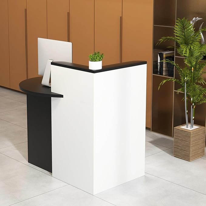 MAT EXPERT Reception Desk Front Desk with Open Shelves Lockable Drawer Round Tabletop Checkout Counter Retail Counter Computer Workstation for Office (White Cabinet &amp Black Desktop)