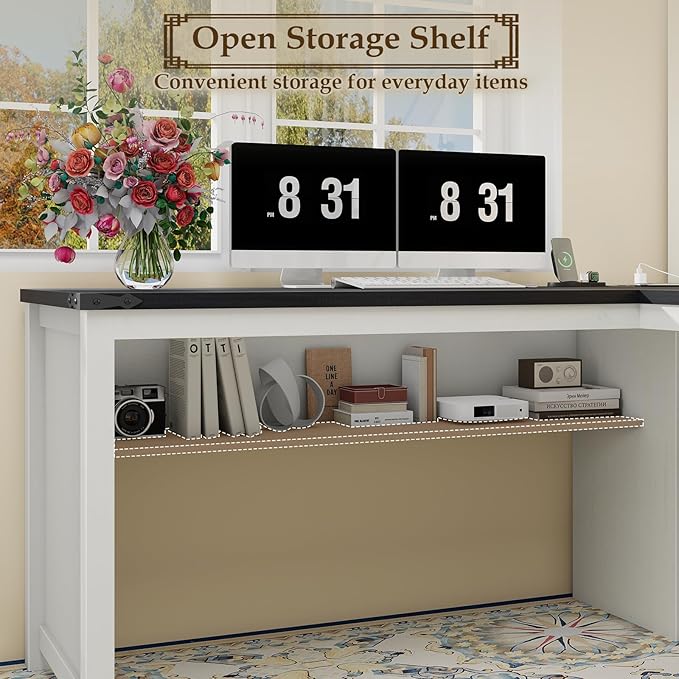 Vabches Wood L Shaped Executive Desk Farmhouse Home Office Desk with Drawers and Under-Desk Storage Shelf Corner Computer Desk with Power Outlets for Home Office Study Bedroom White and Black