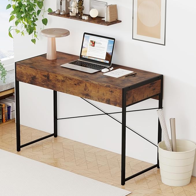LDAILY Computer Desk with 2 Drawers 44 Inch Home Office Desk with Sturdy Steel Frame &amp X-Bracket Support Spacious Study Writing Workstation Table for Bedroom or Small Spaces (Rustic Brown)
