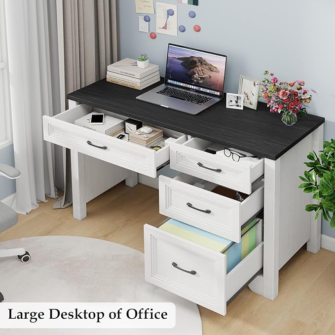 Farmhouse Executive Desk with Drawers Wood Computer Desk with Ample File Drawer Rustic Home Office Desk with Storage for Bedroom Living Room Black