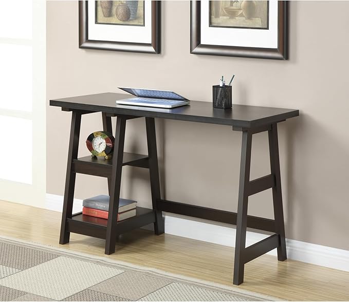 Industrial Trestle Desk with Shelving - 47 Home Office Desk Espresso Finish