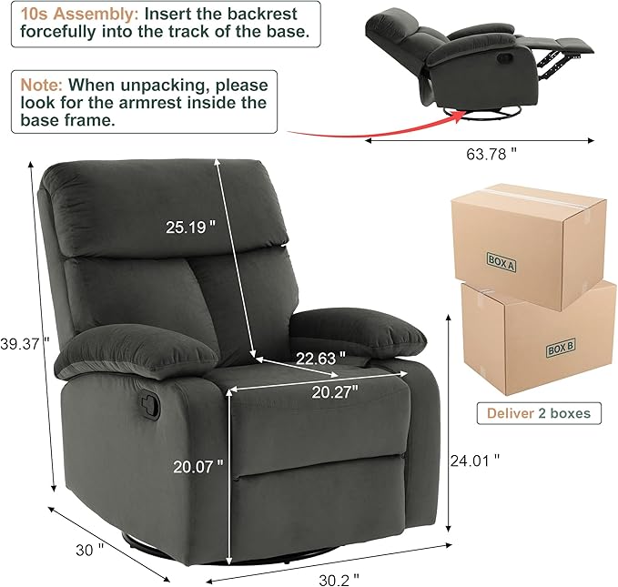 Swivel Rocker Recliner for Adults Rocking Small Recliner Chair for Small Spaces Glider-Nursery Rocking Chair for Living Room RV Nursery Bedroom Grey