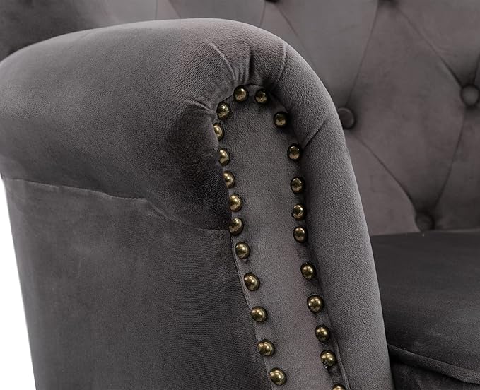 Kmax Velvet Tufted Accent Chair Mid Century Oversized Chair Comfy Sofa Chair Padded Seating WingBack Unique Wood Legs Home Club Bedroom Living Room Grey
