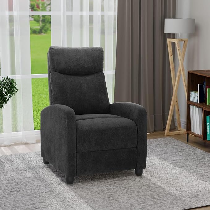 Compact Reclining Chair Linen Upholstered Single Recliner Sofa Chair with Adjustable Backrest &amp Footrest Ideal for Home Living Room Bedroom Office Black