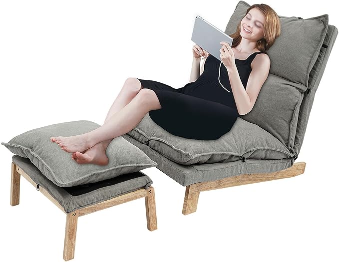Single Lazy Sofa Lounge Chair with Footstool 5-Position Reclining Comfort for Living Room Balcony Japanese Tatami Floor Recliner Modern Leisure Recliner Indoor Use Grey