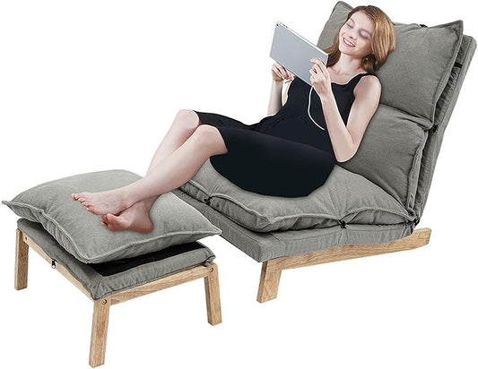 Single Lazy Sofa Lounge Chair with Footstool 5-Position Reclining Comfort for Living Room Balcony Japanese Tatami Floor Recliner Modern Leisure Recliner Indoor Use Grey