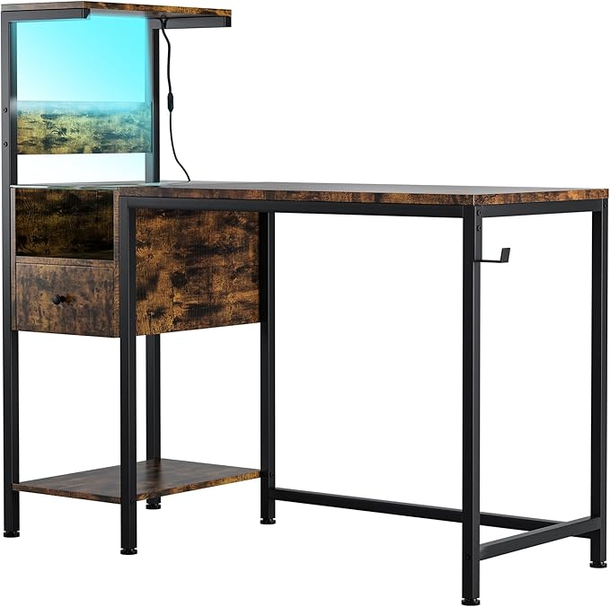 Computer Desk with Power Outlet Storage Shelves Study Writing Table with USB Ports Charging Station PC Desk Workstation for Home Office Brown