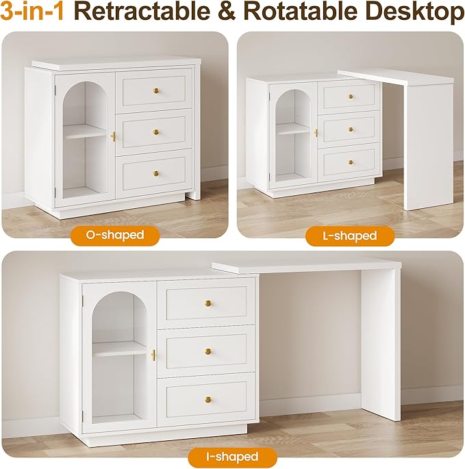 RoyalCraft L Shaped Home Office Desk Extendable and Rotatable Desk with 3 Drawers and Door Corner Computer Desk Modern Study Writing Table for Bedroom Home Office White