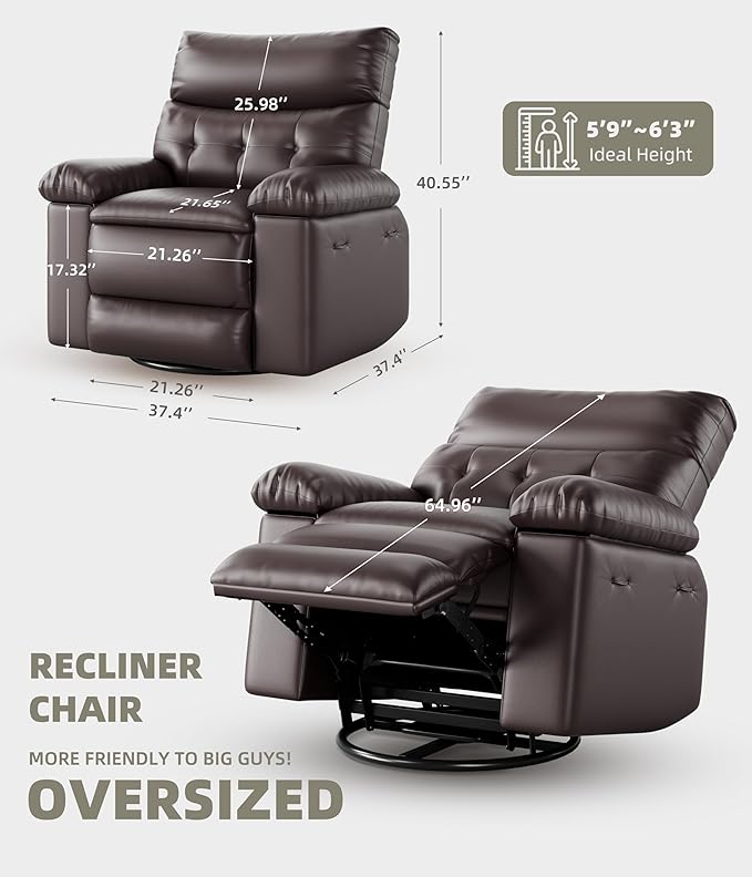 Oversized Swivel Recliner Chair for Adults 400LB Capacity Manual Recliner with 1.5X Plush Cushion 3-Position PU Leather Lounge &amp Nursery Recliner for Living Room &amp Bedroom