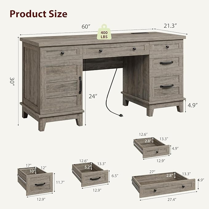 60 Inch Farmhouse Computer Desk with Charging Station &amp File Cabinet Wooden Office Desk with Power Outlets USB Ports and Ample Storage Drawers for Home Workspace Executive Writing Table.