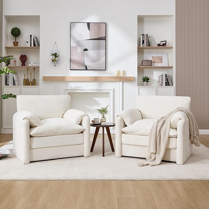 Tbfit Oversized Accent ChairModern Chenille Armchair for Living Room Comfy Upholstered Reading Chairs for Bedroom Apartment Office RV White