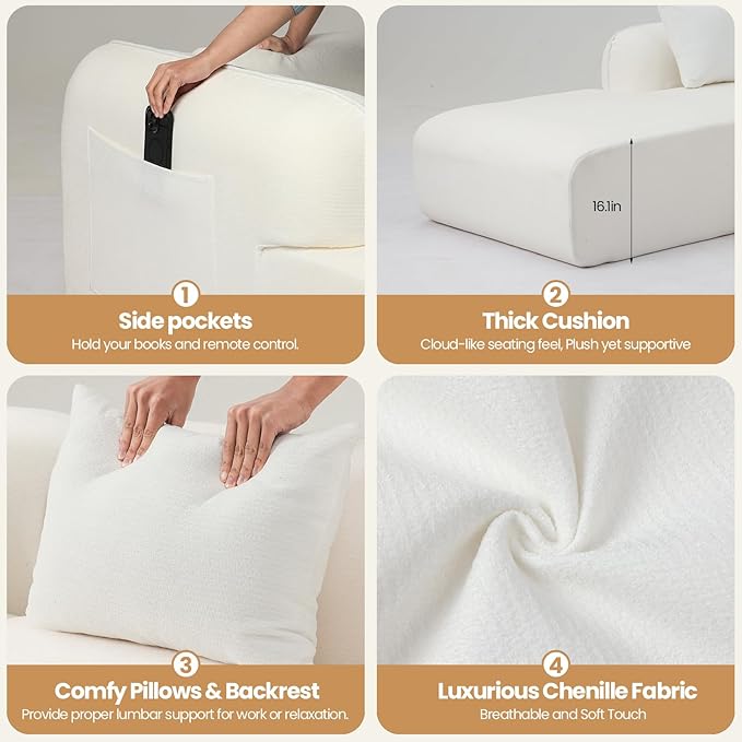 117’’ Chenille Fabric Boneless Couches for Living RoomModular Sectional Cloud Sofa |Fluffy Chenille Deep Seat No-Assembly Memory Foam Comfy Cloud Couch with L-Shaped Chaise (Beige)