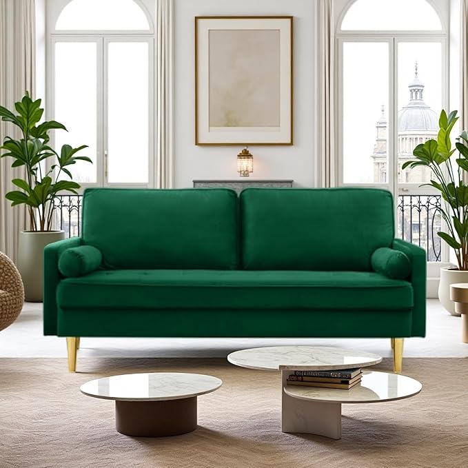 65'’ Velvet Upholstered Loveseat Sofa with Gold Metal Legs Modern Tufted Backrest Couch Solid Wood Frame for Living Room BedroomApartmentOfficeSmall Space (Green)