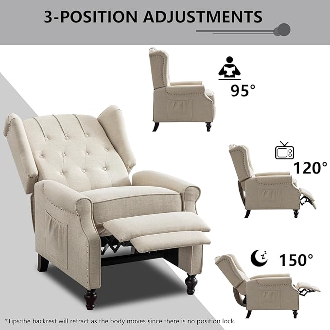 MANBUR Wingback Pushback Recliner Chair Upholstered Tufted Recliner with Massage and Heat Tufted Armchair Single Sofa Reclining Sofa for Living Room Bedroom or Club (Beige)