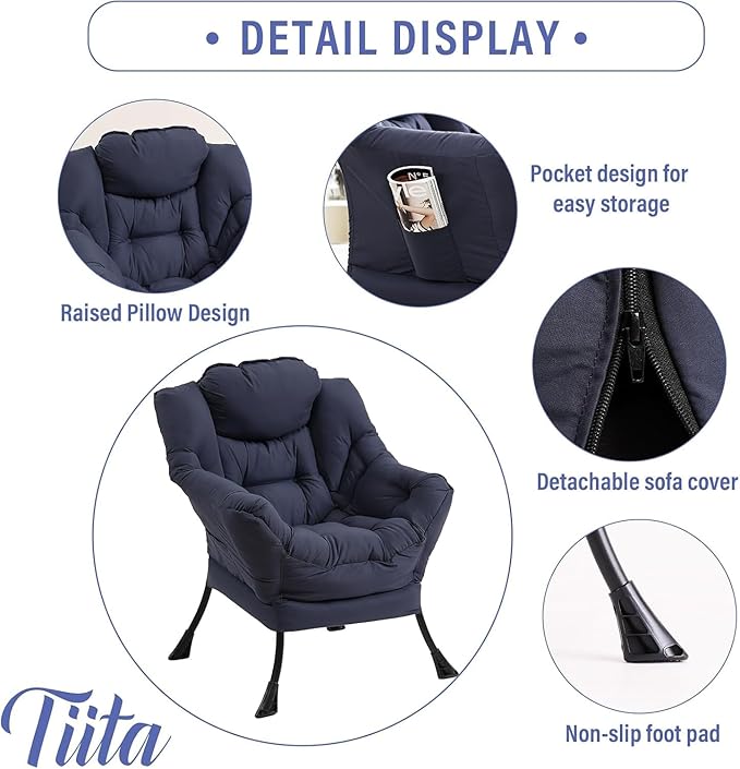 Tiita Lazy Chair with Ottoman Navy Modern Large Accent Chair Comfy Leisure Sofa Armchair with Ottoman Reading Chair with Footrest for Bedroom Living Room Dorm Rooms Navy