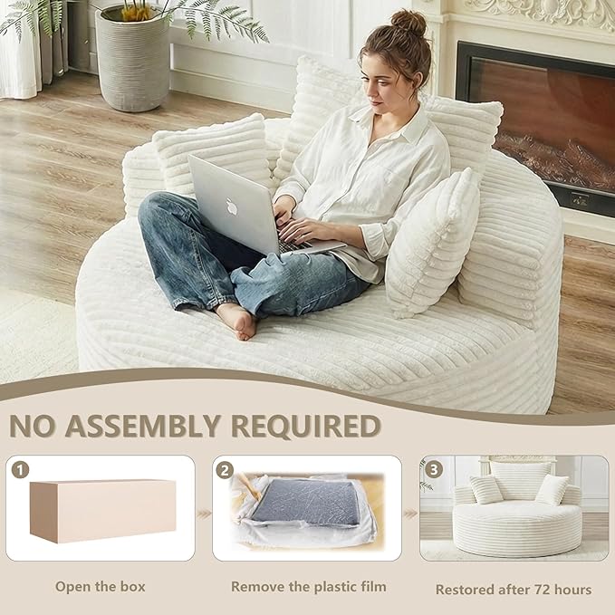 55 L Corduroy Sponge Single Sofa Oversized Round Chair Fluffy Modern Sleeper Chairs for Living Room Lounge and Projection Room Wide Armrest Lounge Chairs Armchair with Pillow White