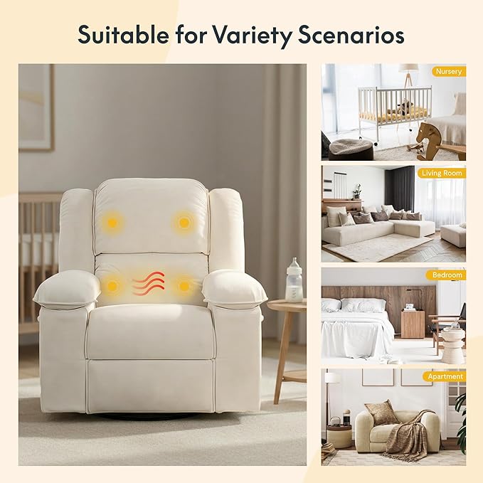 Softa Swivel Rocker Recliner for Adults Manual Reclining Chair with Massage &amp Heat Side Pocket Compact Nursery Glider Recliner for Living Room Bedroom or Apartment Beige