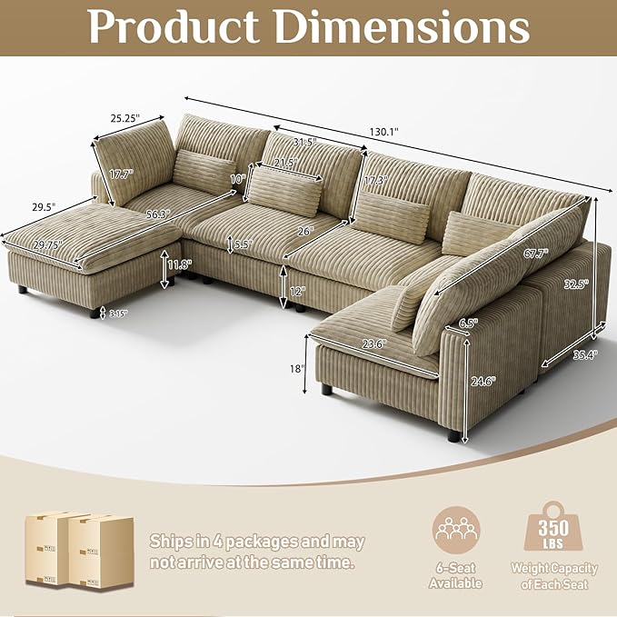 130 Oversized Cloud Couch Large Modular Sectional Sofa Modern U Shaped Sectional Couch 6 Deep Seat Sofa Set for Living Room Comfy Corduroy Cloud Sofa with Ottoman USB Port Cup Holder Light Brown