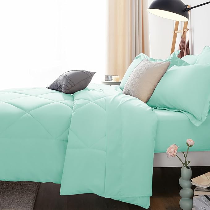 CozyLux Full Size Comforter Sets Mint Green - 7 Pieces Bed in a Bag Full Luxury Soft Bed Set for All Seasons Bedding Set with Down Alternative Comforter Sheets Pillowcases &amp Shams