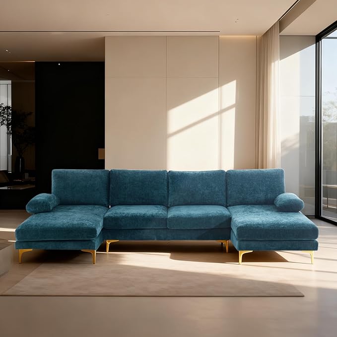 Karl home Convertible Sectional Sofa 110 U-Shape Sofa Couch 4-Seat Couch with Chaise ChenilleFabric Upholstered for Living Room Apartment Office Peacock Blue