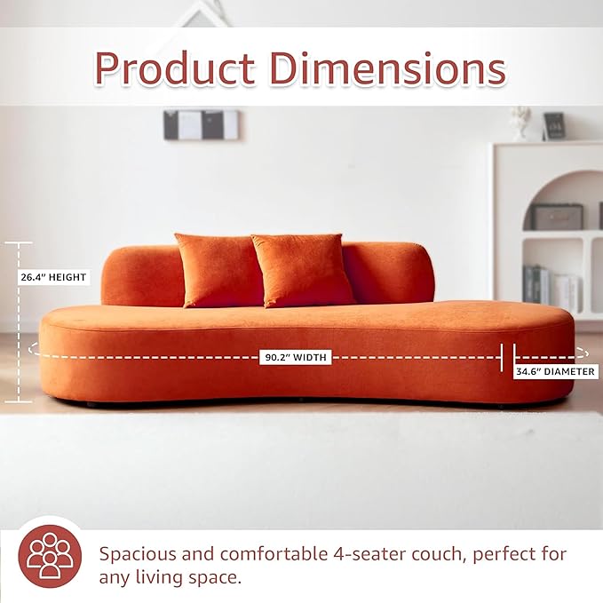 90 Curved Sofa with Throw Pillows 4 Seater Luxury Velvet Couch with Half Moon Design and High-Density Foam Ideal for Modern Living Room Office &amp Apartment Red Orange