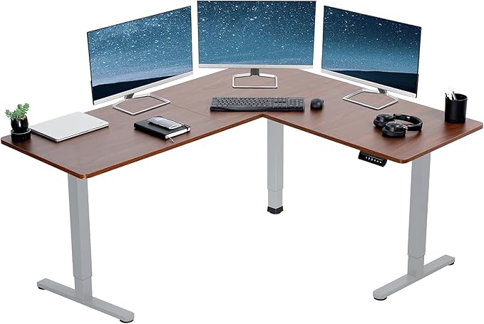 VIVO Corner Standing Desk 63 x 55 inch Reversible L-Shaped Workstation Electric Height Adjustment Home Office and Reception Rooms Dark Walnut Table Top Gray Frame DESK-E3CTGD