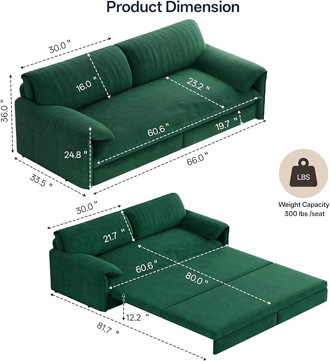 66 Queen Pull Out Couch BedVelvet 3-in-1 Queen-Size Sleeper SofaConvertible Pull-Out Sofa Bed with Side PocketsSleeper Loveseat for Living RoomApartment Offices (Green)