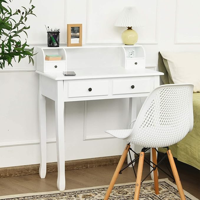 Giantex Writing Desk with 4 Drawers Removable Floating Organizer 2-Tier Mission Home Computer Vanity Desk for Apartment Small Space White
