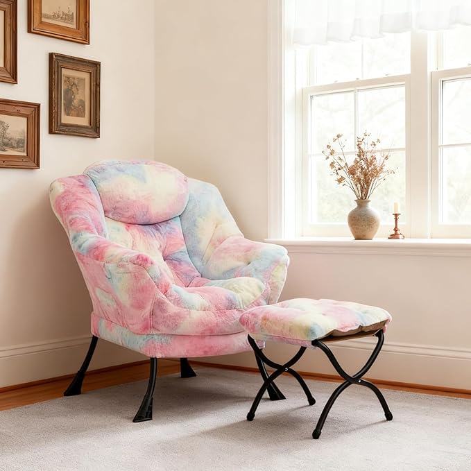 HollyHOME Lazy Chair with Foldable Ottoman Accent Comfy Lounge Armchair and Folding Footrest Stool Leisure Sofa Reading Chair and Footstool for Living Room Bedroom DormFaux Fur Rainbow